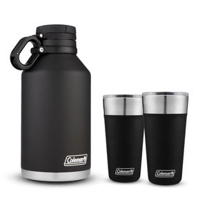 Kit Coleman Growler Negro, de Acero Inoxidable de Doble Pared, Tapa con Correa, 1900 ml y 2 Vasos Cerveceros, con Abre Botella Coleman Brew 600 ml
