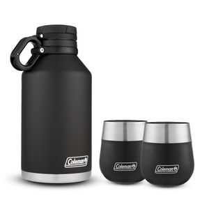 Kit Coleman Growler Negro,Acero Inoxidable de Doble Pared, Tapa con Correa, 1900 ml y 2 Vasos Negros Coleman Claret para Vino, Acero Inoxidable 384 ml