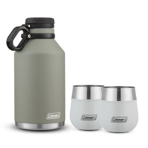 Kit Coleman Growler Verde, Acero Inoxidable, Doble Pared, Tapa con Correa,1900 ml y 2 Vasos Blancos Coleman Claret para Vino, Acero Inoxidable 384 ml