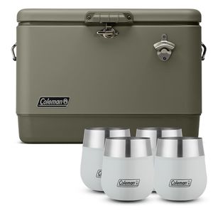 Kit Cooler Coleman Reunion Sage Mate, cuerpo de Acero de 51 lt y 4 Vasos Blanco Coleman Claret para Vino de Acero Inoxidable 384 ml