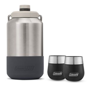 Kit Botella Termica Pro de 3.7 lt, de Alta Resistencia y a Prueba de Fugas y 2 Vasos Negros Claret, para Vino de Acero Inoxidable 384 ml