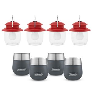 Kit de 4 Linternas LED de Camping Colgantes, de color Rojo, 300 Lumenes y 4 Vasos Slate Coleman Claret, para Vino de Acero Inoxidable, 384 ml.
