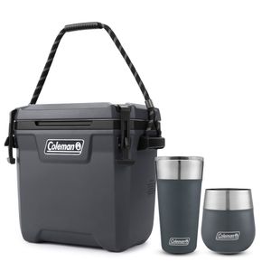 Kit Cooler Gris Coleman Convoy 27L, 2 Vasos Cerveceros Slate Coleman Brew, 600 ml y 2 Vasos Slate Coleman Claret para Vino, Acero Inoxidable 384 ml