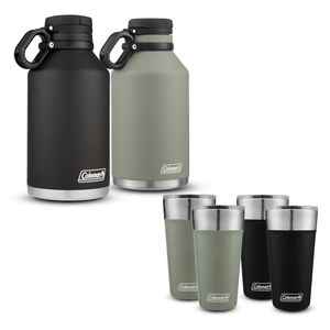 Kit Botellon Coleman Growler Negro 1900 ml, Botellon Growler Verde 1900 ml, 2 vasos Cerveceros Brew Negros y 2 vasos Cerveceros Brew Verdes 600 ml